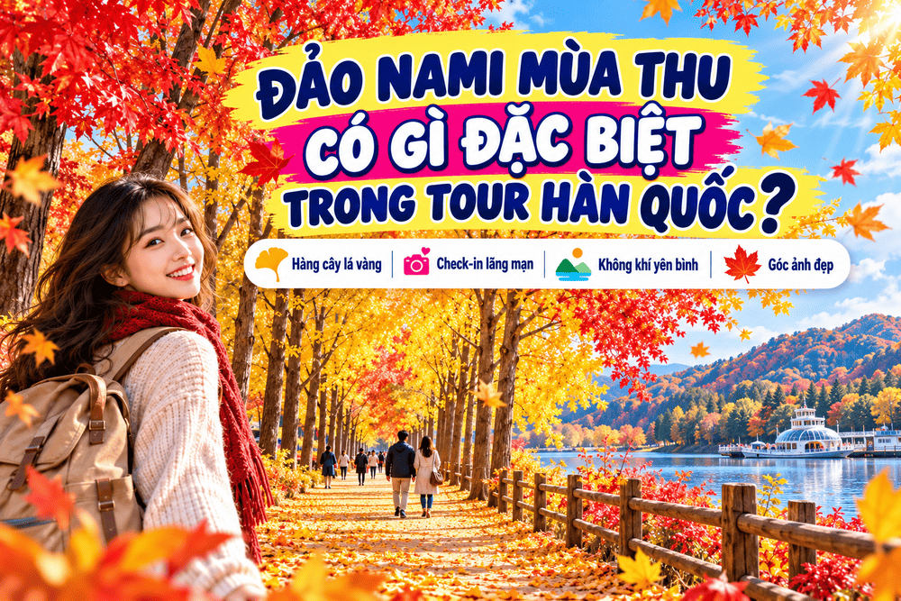Đảo Nami mùa thu trong tour Hàn Quốc với hàng cây lá vàng và lá đỏ